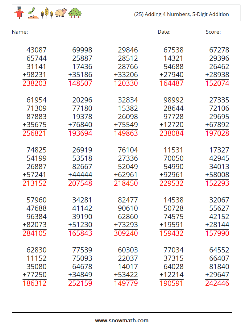 (25) Adding 4 Numbers, 5-Digit Addition Math Worksheets 8 Question, Answer
