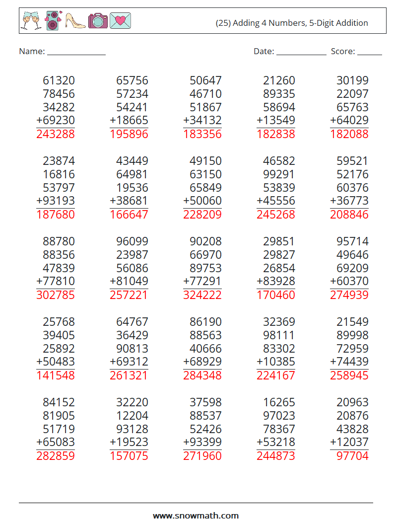 (25) Adding 4 Numbers, 5-Digit Addition Math Worksheets 9 Question, Answer