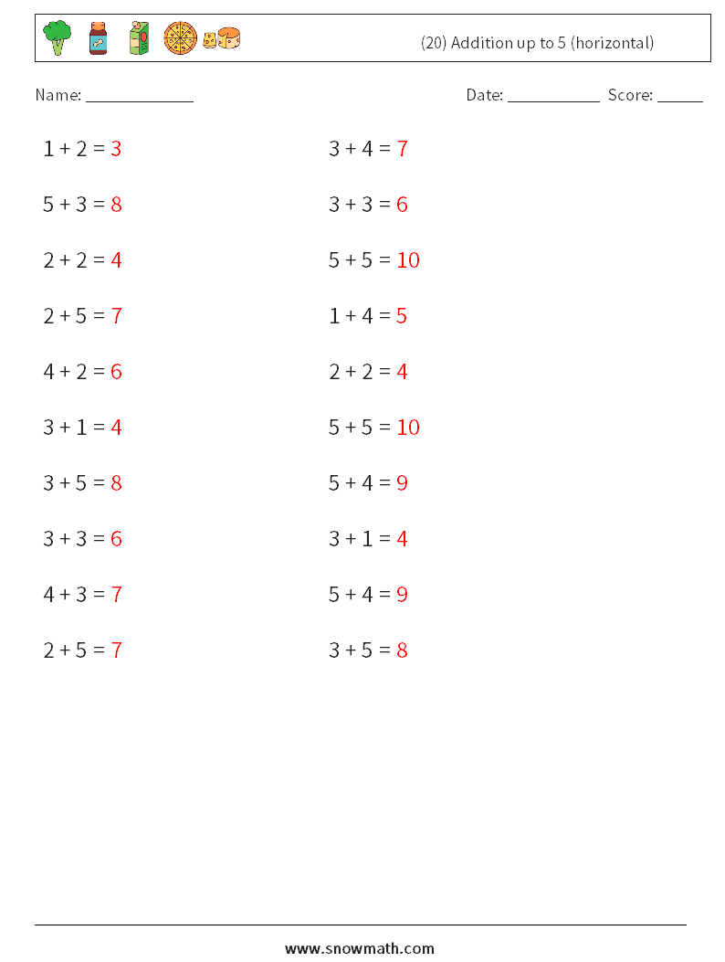 (20) Addition up to 5 (horizontal) Math Worksheets 1 Question, Answer