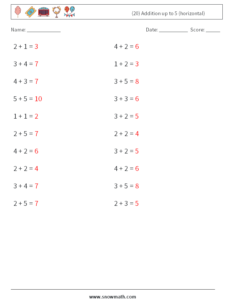 (20) Addition up to 5 (horizontal) Math Worksheets 2 Question, Answer