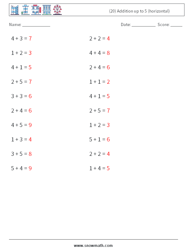 (20) Addition up to 5 (horizontal) Math Worksheets 3 Question, Answer