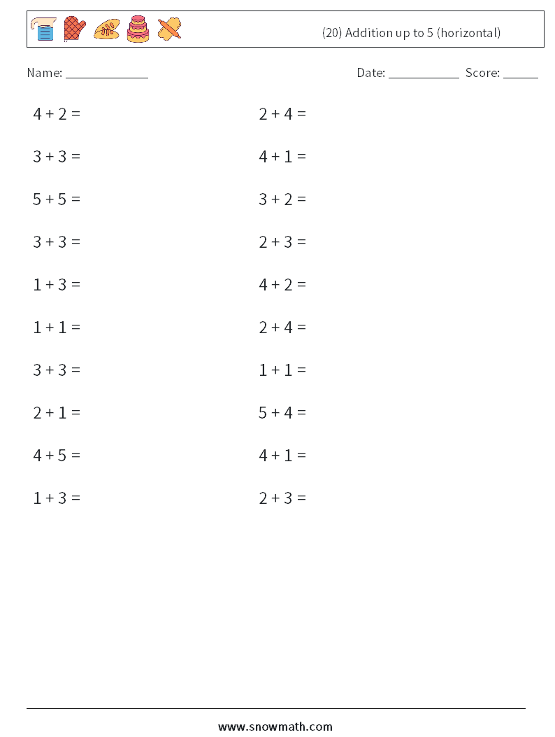 (20) Addition up to 5 (horizontal) Math Worksheets 4