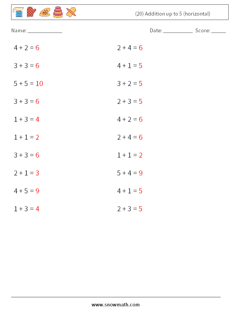 (20) Addition up to 5 (horizontal) Math Worksheets 4 Question, Answer