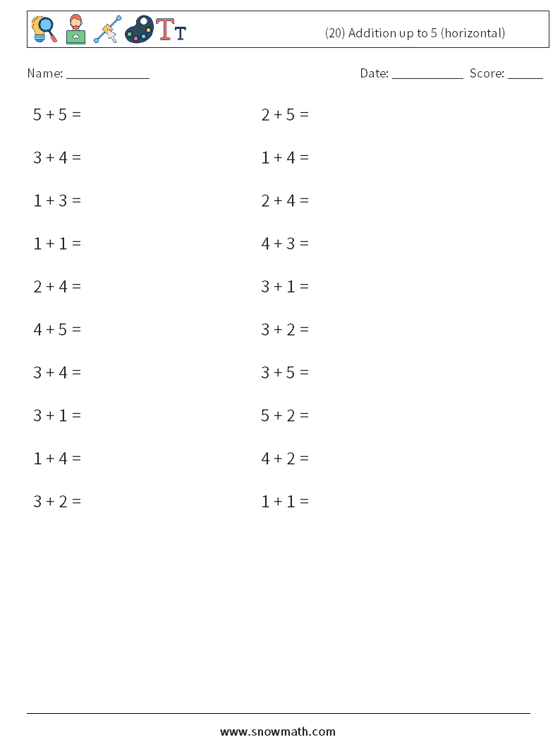 (20) Addition up to 5 (horizontal) Math Worksheets 5