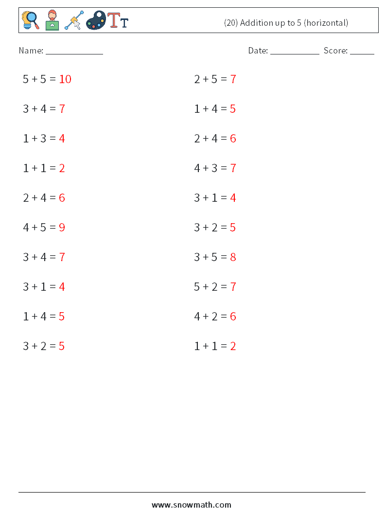 (20) Addition up to 5 (horizontal) Math Worksheets 5 Question, Answer