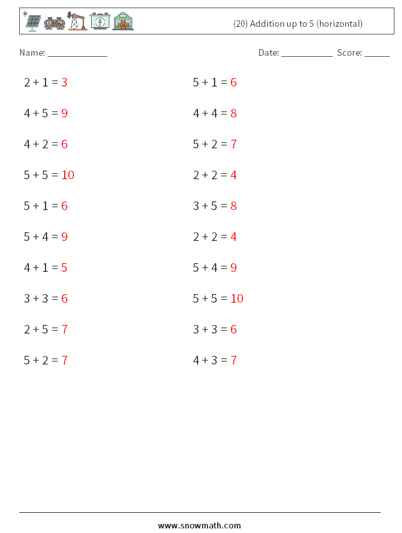 (20) Addition up to 5 (horizontal) Math Worksheets 6 Question, Answer