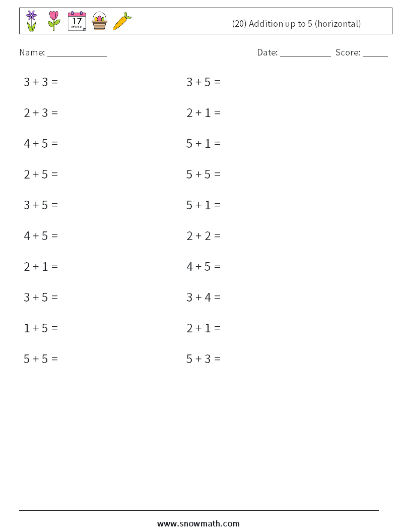 (20) Addition up to 5 (horizontal) Math Worksheets 7