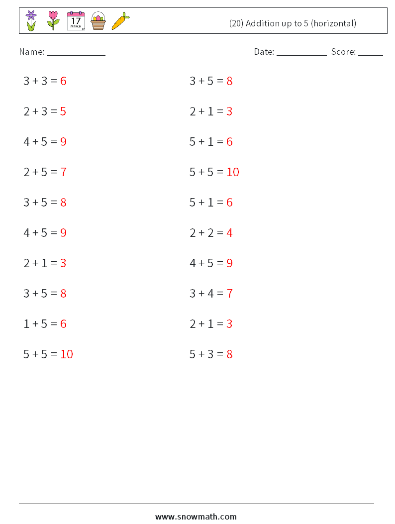 (20) Addition up to 5 (horizontal) Math Worksheets 7 Question, Answer