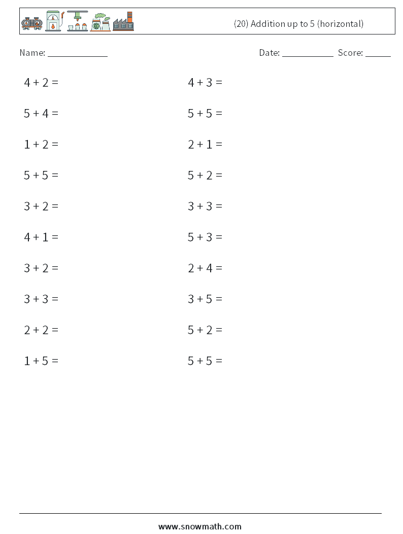 (20) Addition up to 5 (horizontal) Math Worksheets 8