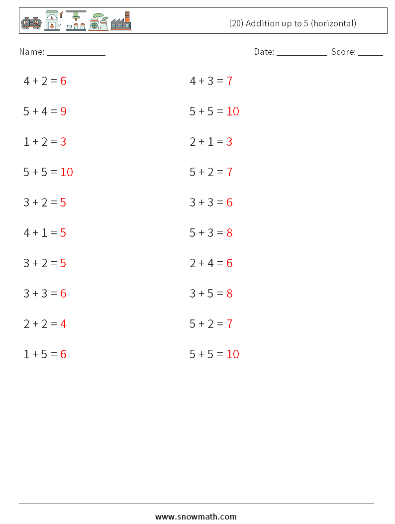 (20) Addition up to 5 (horizontal) Math Worksheets 8 Question, Answer