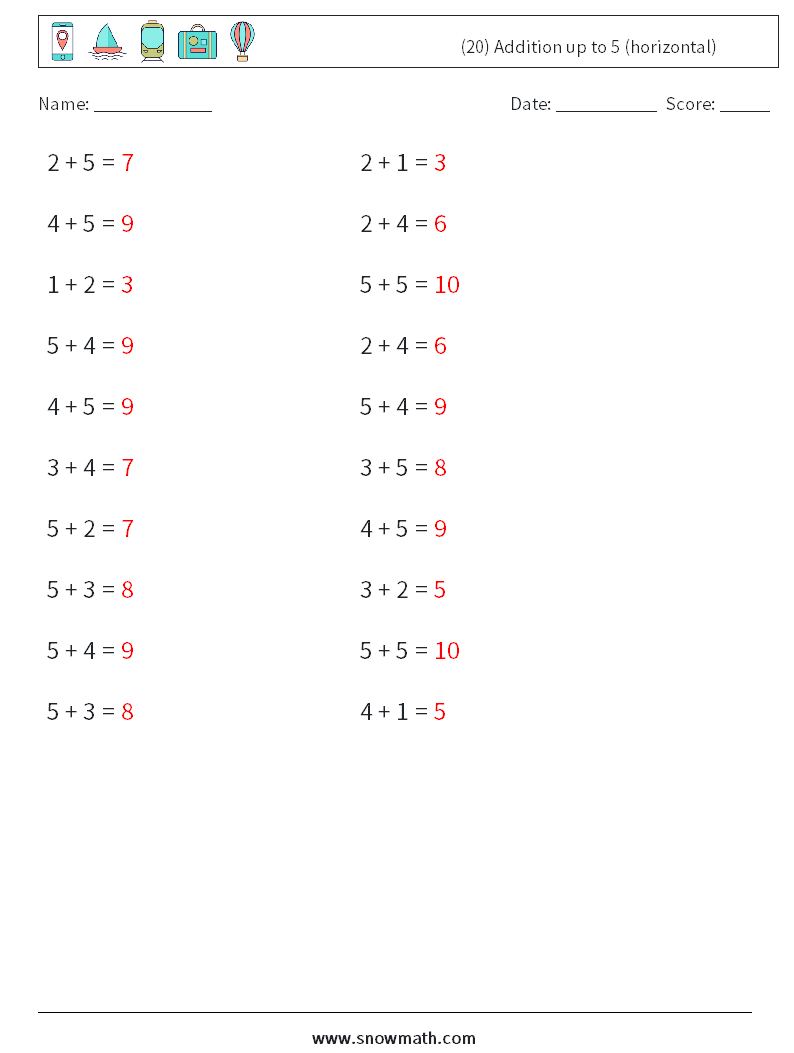 (20) Addition up to 5 (horizontal) Math Worksheets 9 Question, Answer