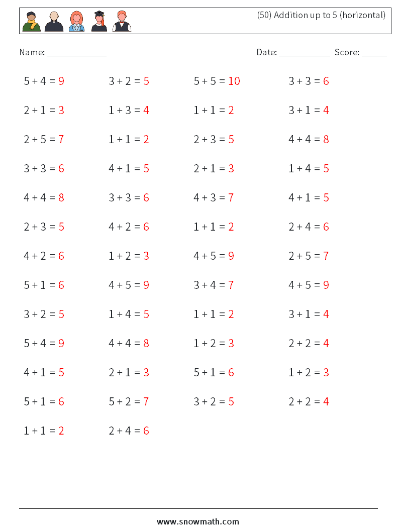 (50) Addition up to 5 (horizontal) Math Worksheets 3 Question, Answer