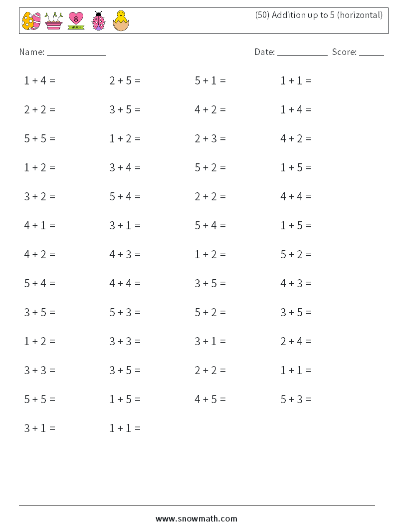 (50) Addition up to 5 (horizontal) Math Worksheets 5