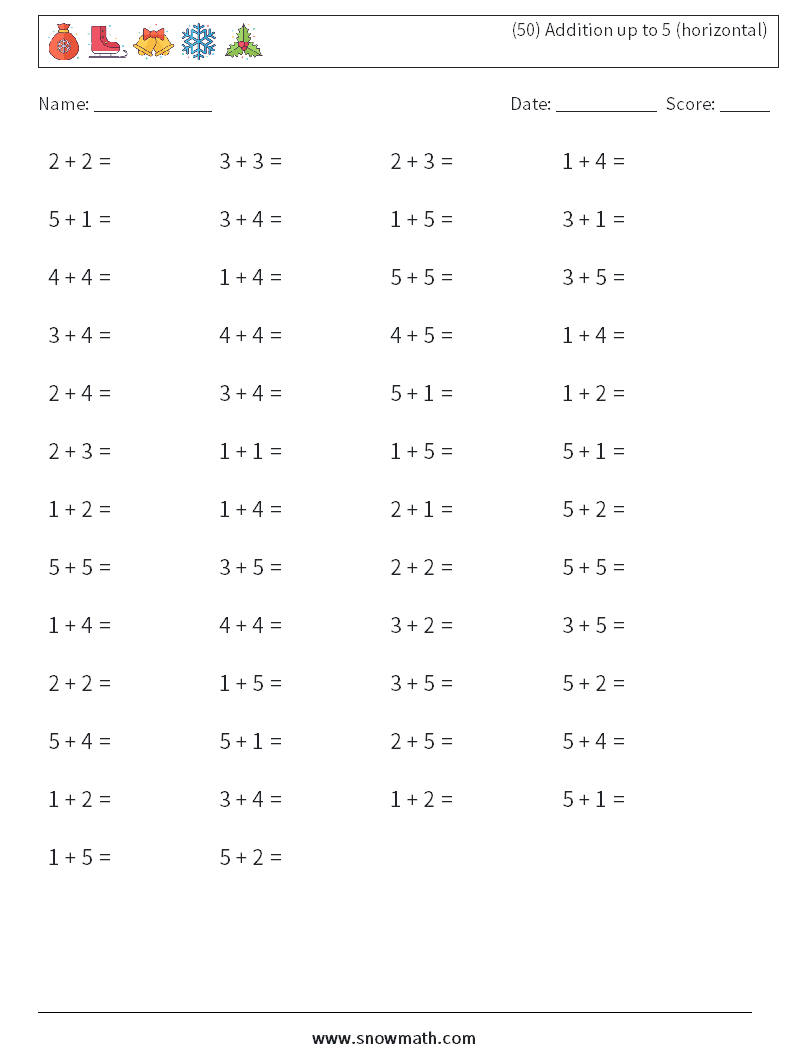 (50) Addition up to 5 (horizontal) Math Worksheets 6