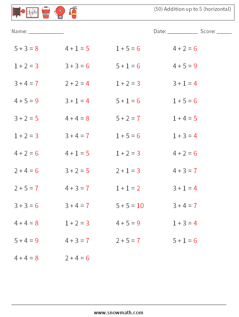 (50) Addition up to 5 (horizontal) Math Worksheets 7 Question, Answer