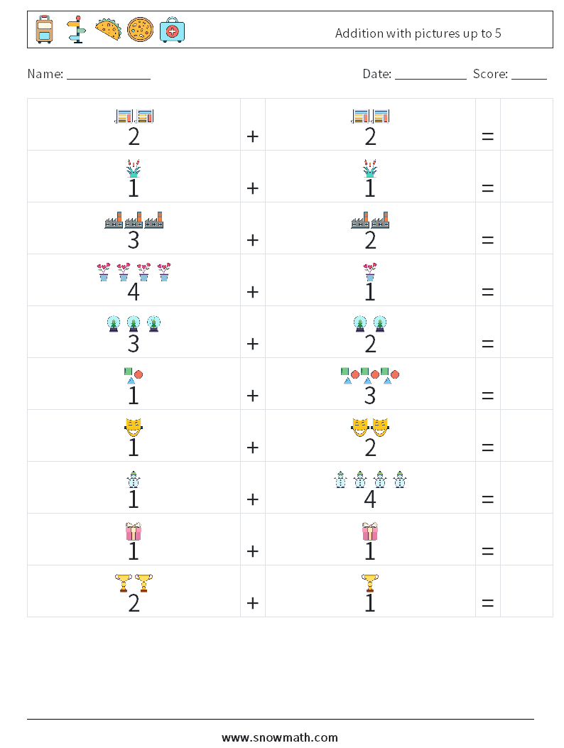 Addition with pictures up to 5 Math Worksheets 1