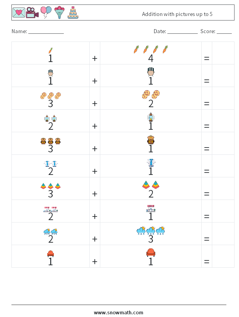 Addition with pictures up to 5 Math Worksheets 10