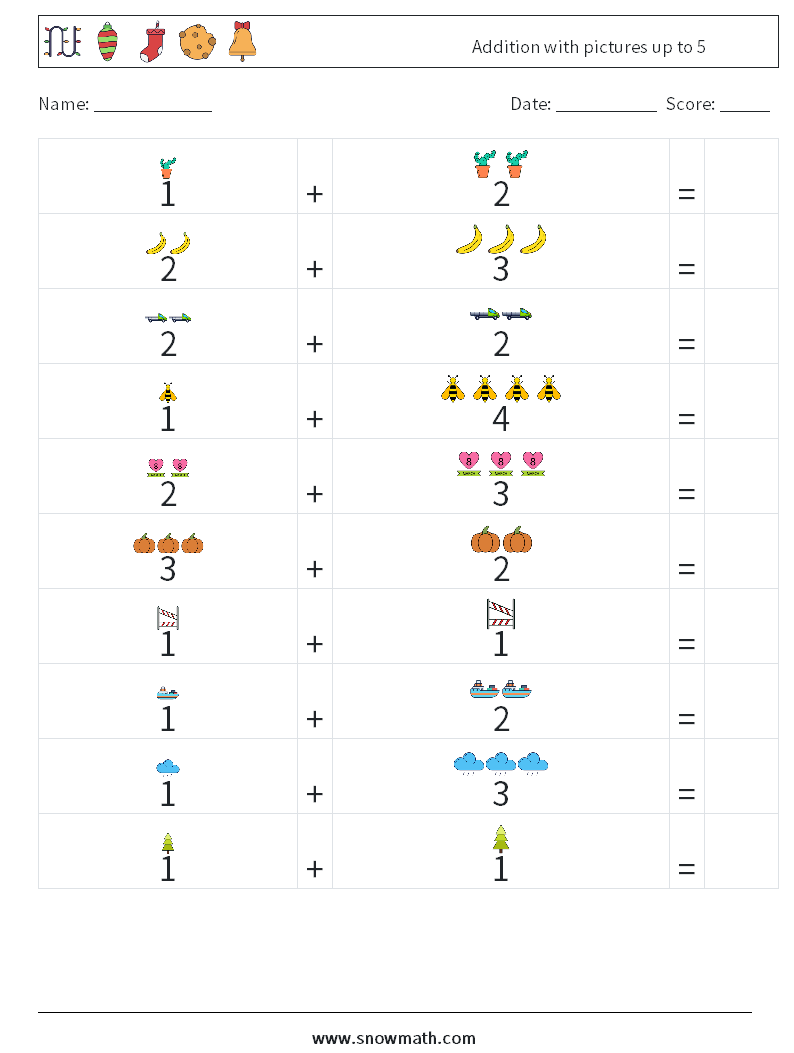 Addition with pictures up to 5 Math Worksheets 13