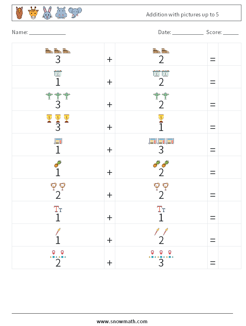 Addition with pictures up to 5 Math Worksheets 18