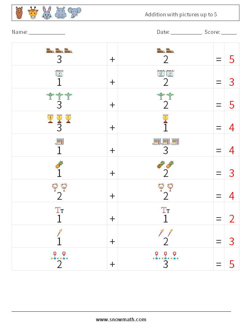 Addition with pictures up to 5 Math Worksheets 18 Question, Answer