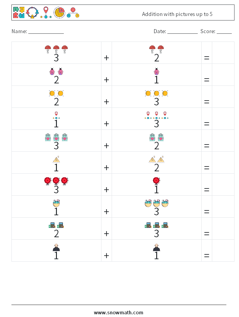 Addition with pictures up to 5 Math Worksheets 2