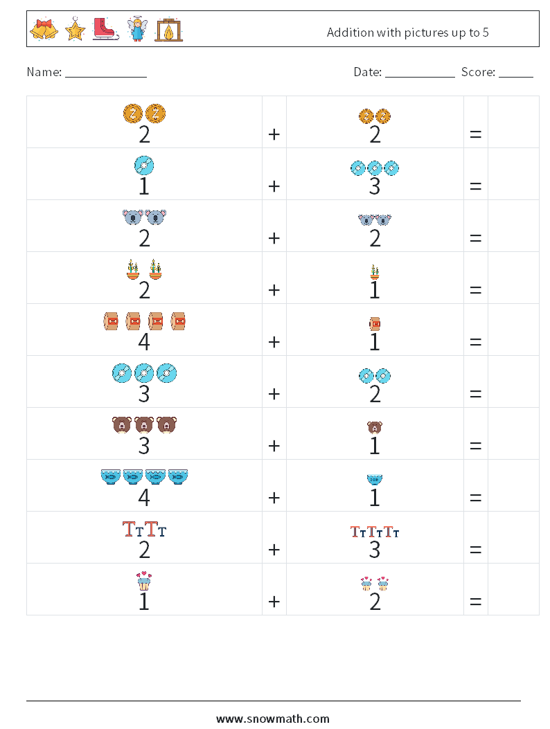 Addition with pictures up to 5 Math Worksheets 5