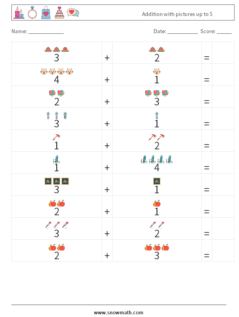 Addition with pictures up to 5 Math Worksheets 7