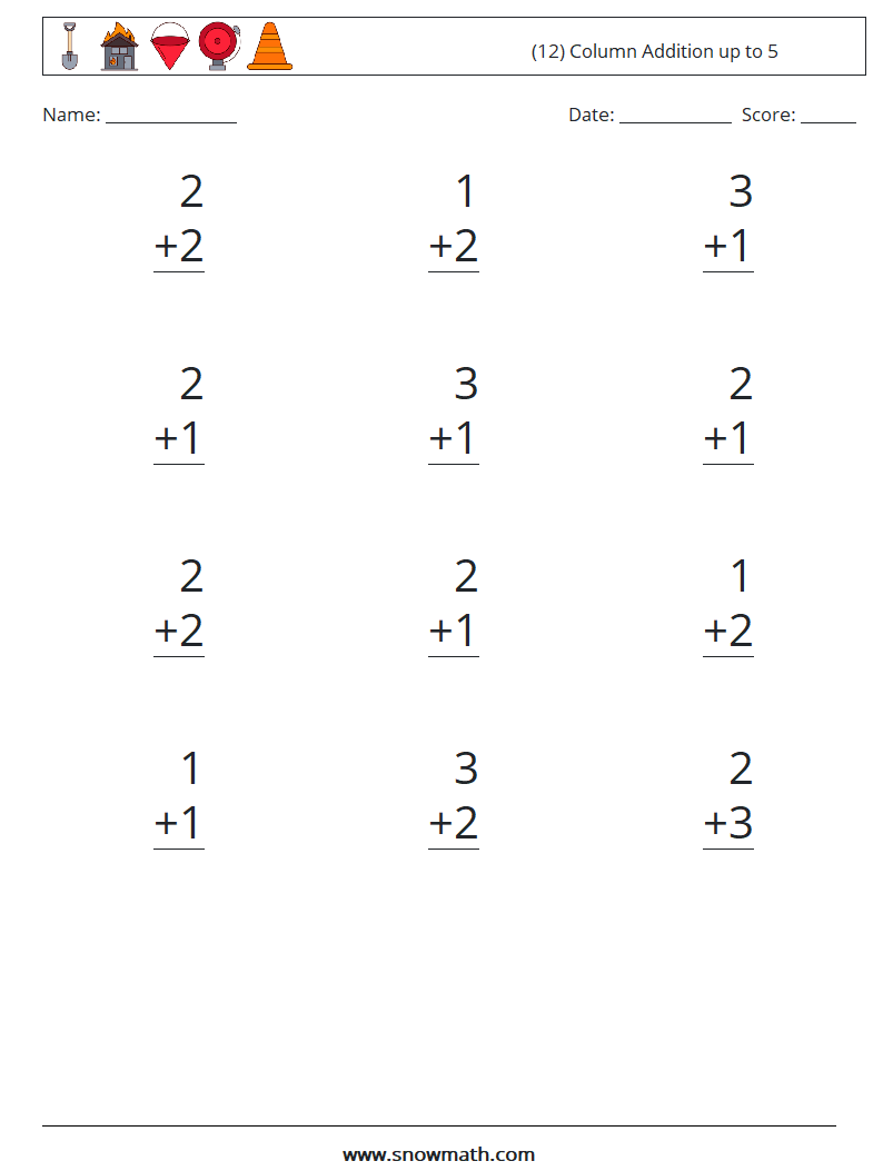 (12) Column Addition up to 5 Math Worksheets 1