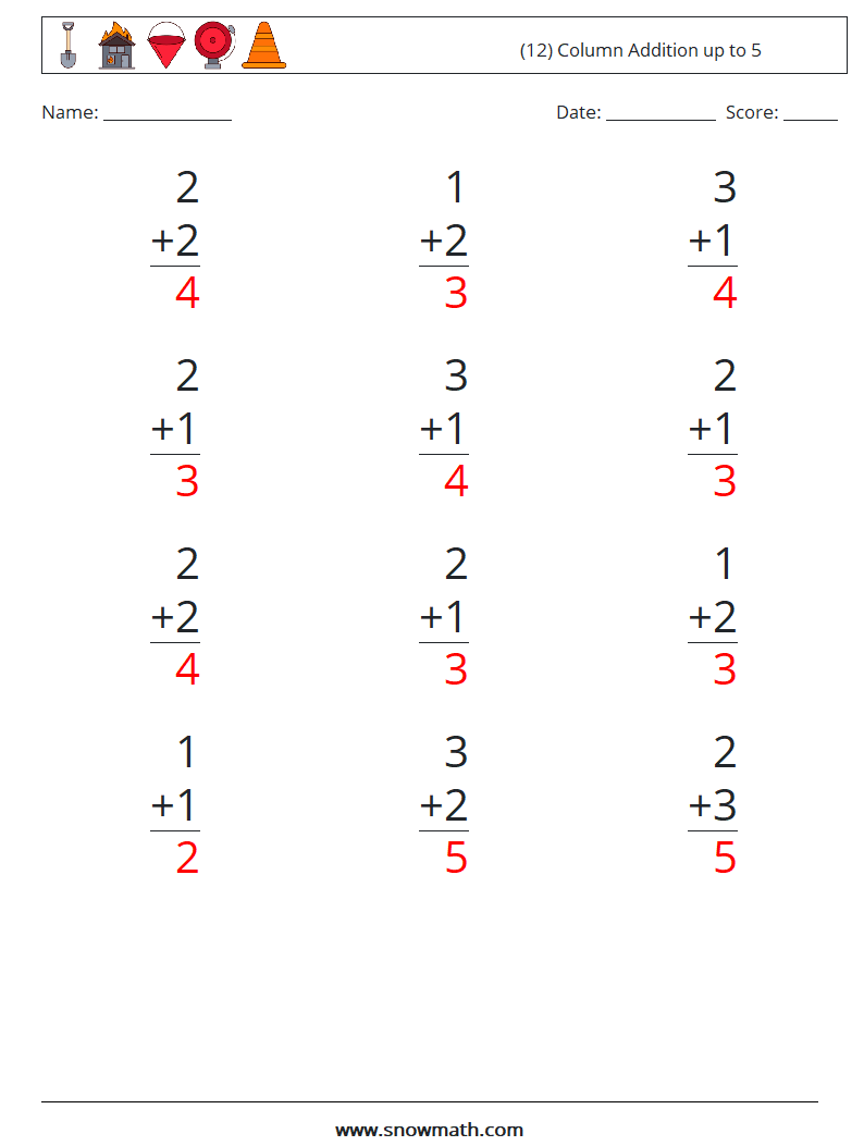 (12) Column Addition up to 5 Math Worksheets 1 Question, Answer