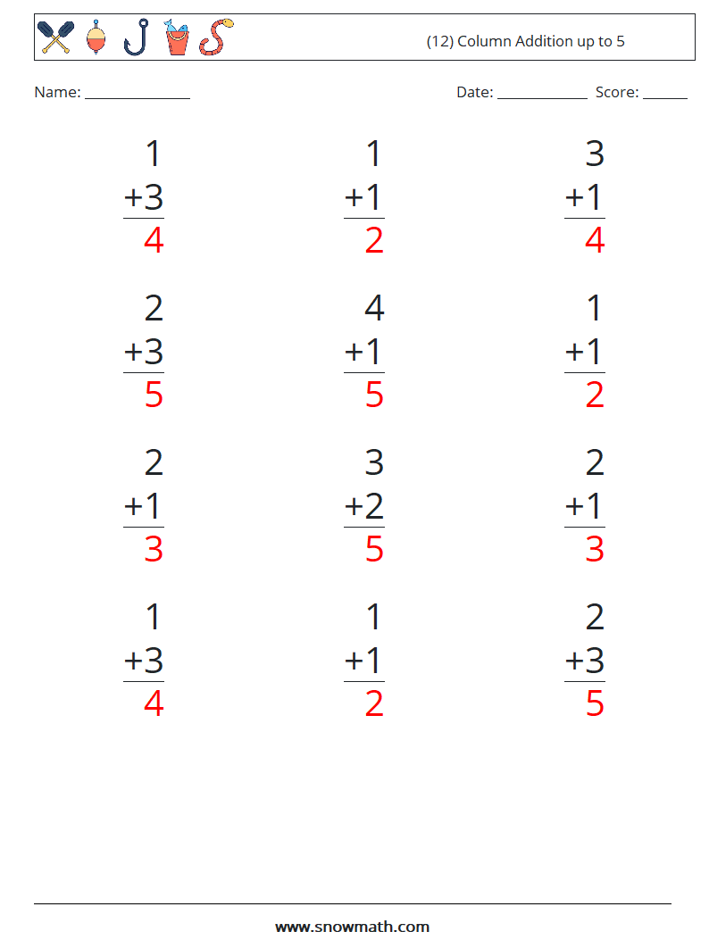 (12) Column Addition up to 5 Math Worksheets 2 Question, Answer
