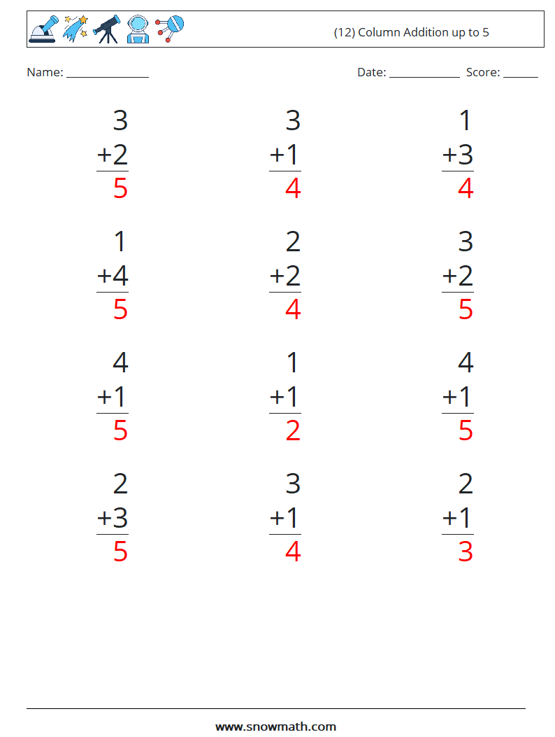 (12) Column Addition up to 5 Math Worksheets 3 Question, Answer