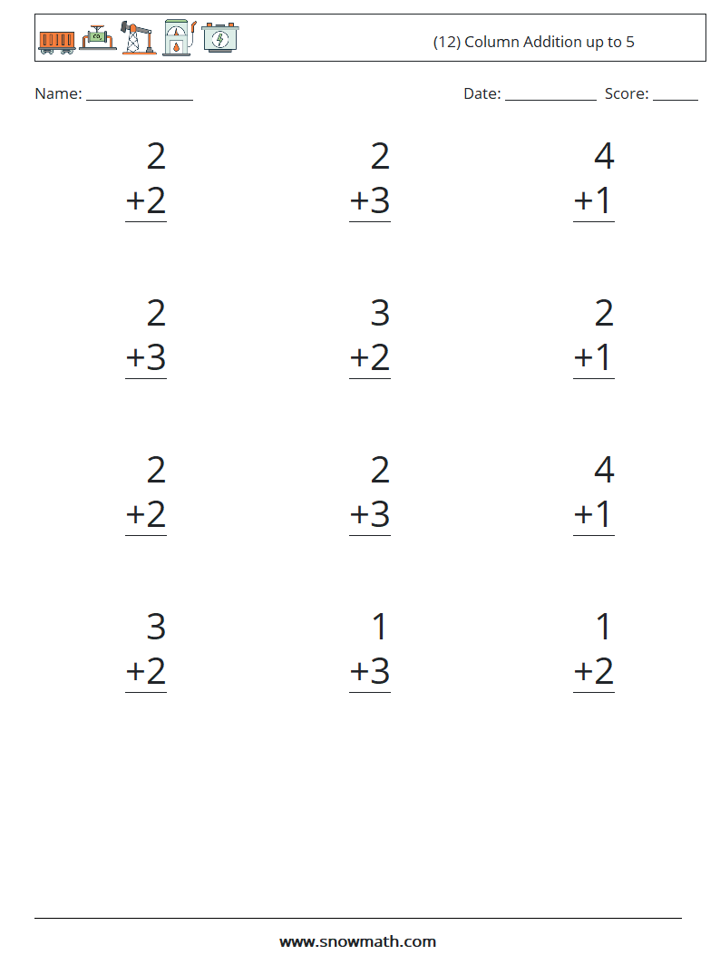 (12) Column Addition up to 5 Math Worksheets 4