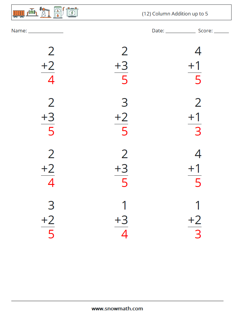 (12) Column Addition up to 5 Math Worksheets 4 Question, Answer