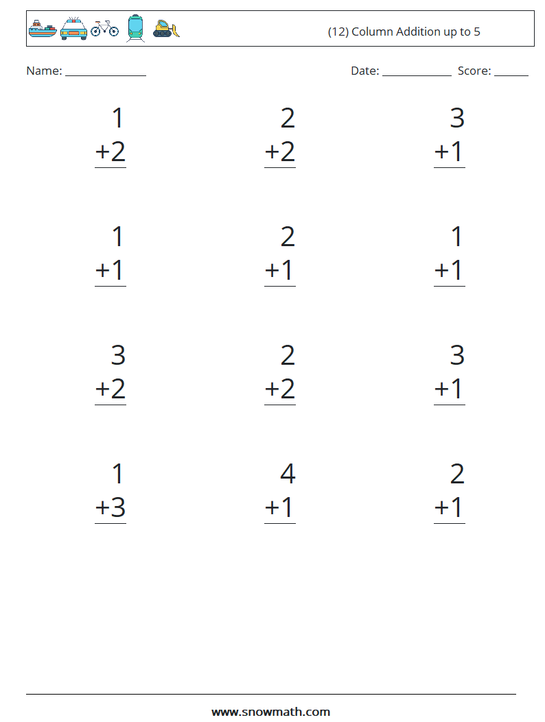 (12) Column Addition up to 5 Math Worksheets 5