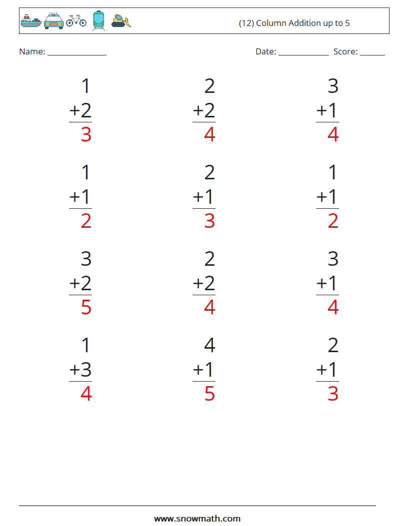 (12) Column Addition up to 5 Math Worksheets 5 Question, Answer