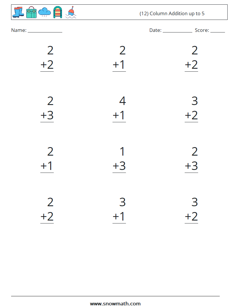 (12) Column Addition up to 5 Math Worksheets 6