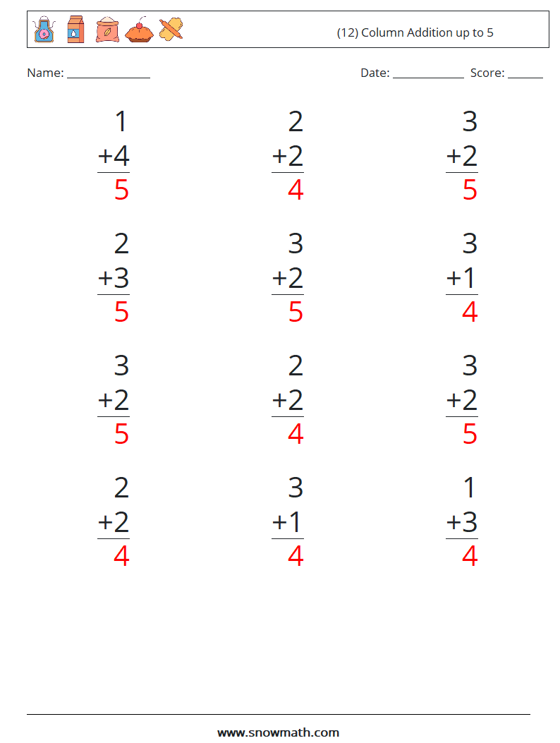 (12) Column Addition up to 5 Math Worksheets 7 Question, Answer