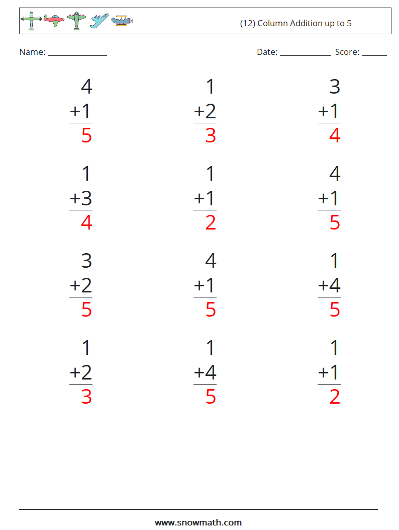 (12) Column Addition up to 5 Math Worksheets 8 Question, Answer
