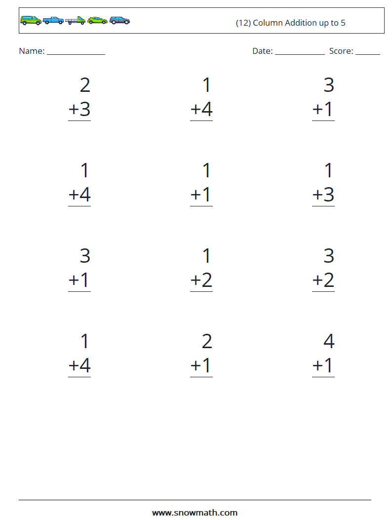 (12) Column Addition up to 5 Math Worksheets 9