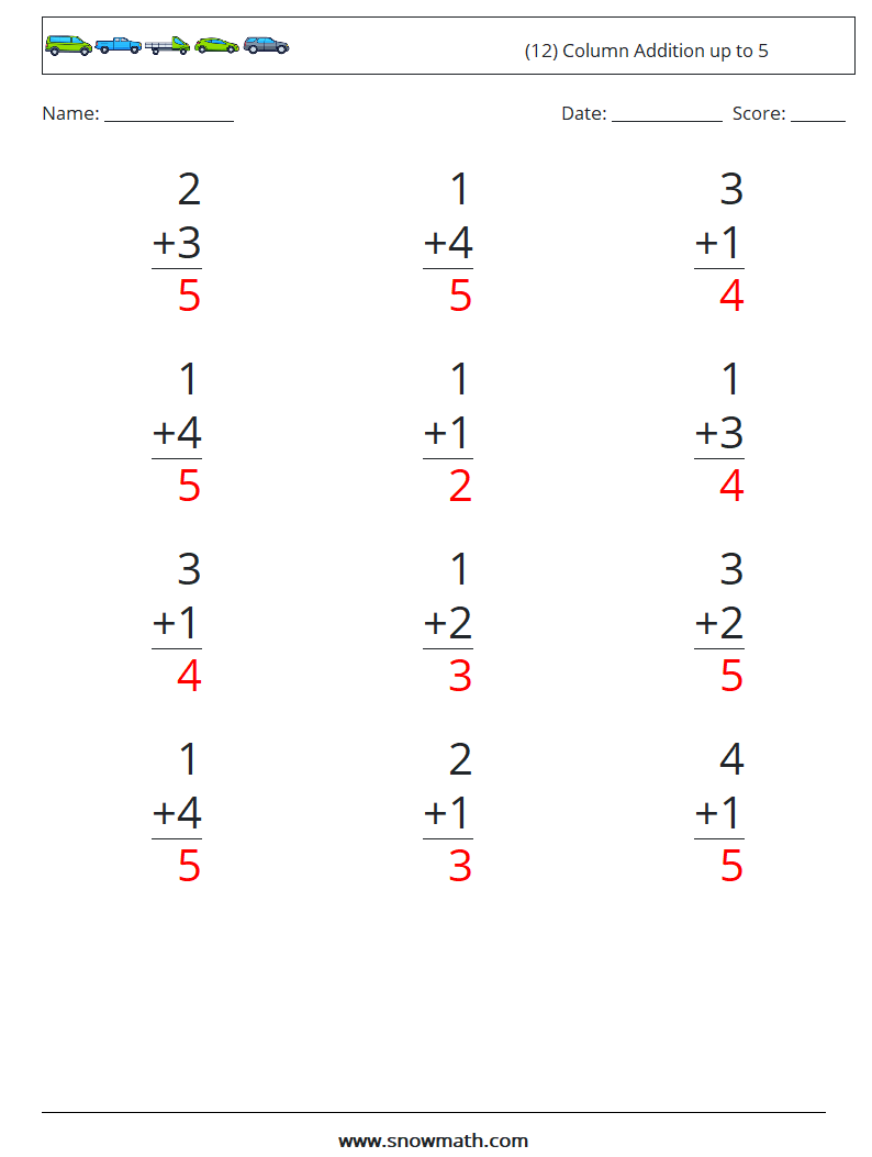 (12) Column Addition up to 5 Math Worksheets 9 Question, Answer