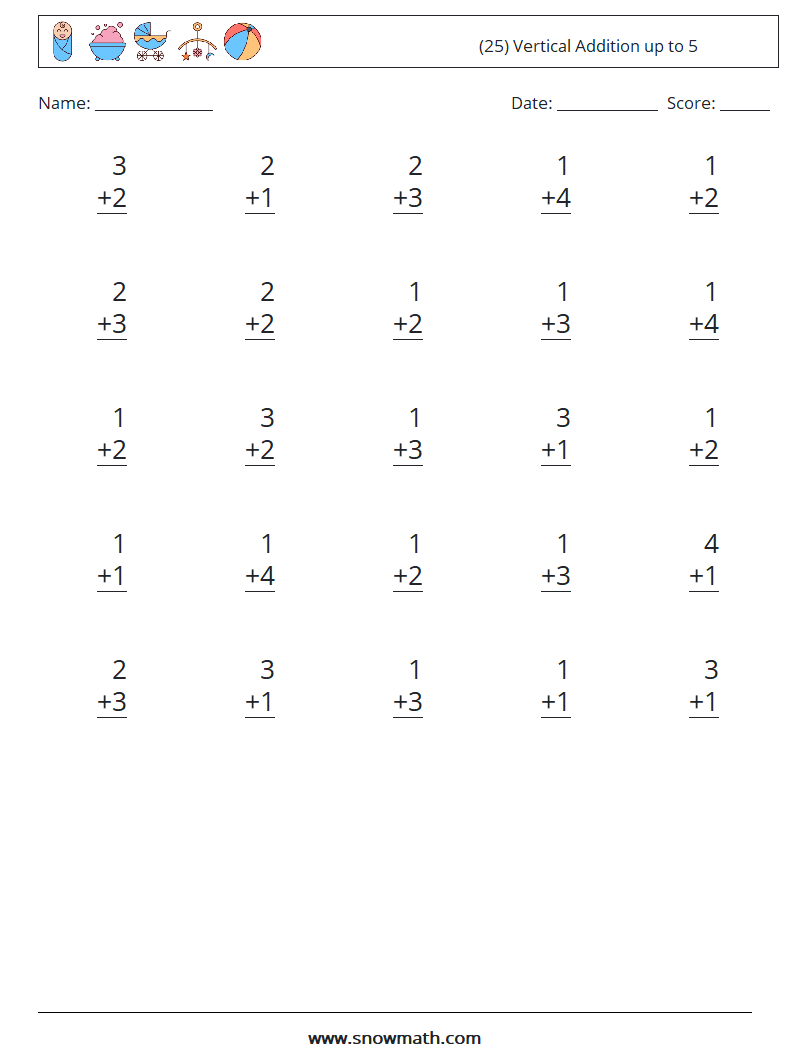 (25) Vertical Addition up to 5 Math Worksheets 1