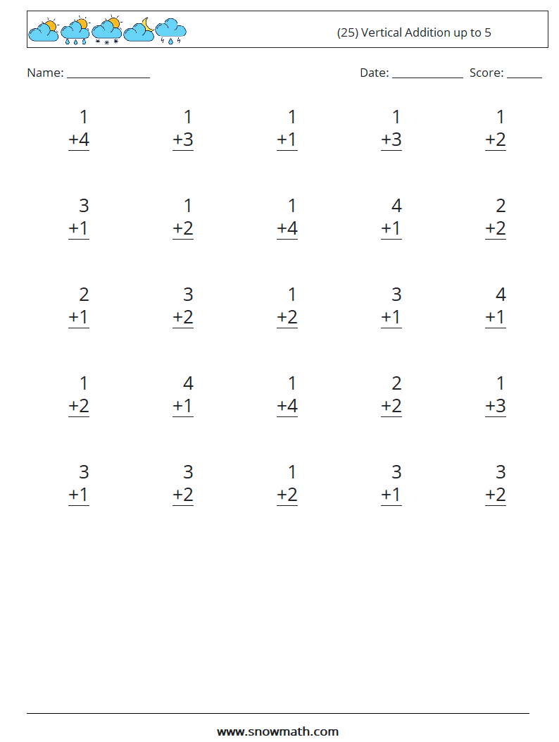 (25) Vertical Addition up to 5 Math Worksheets 2