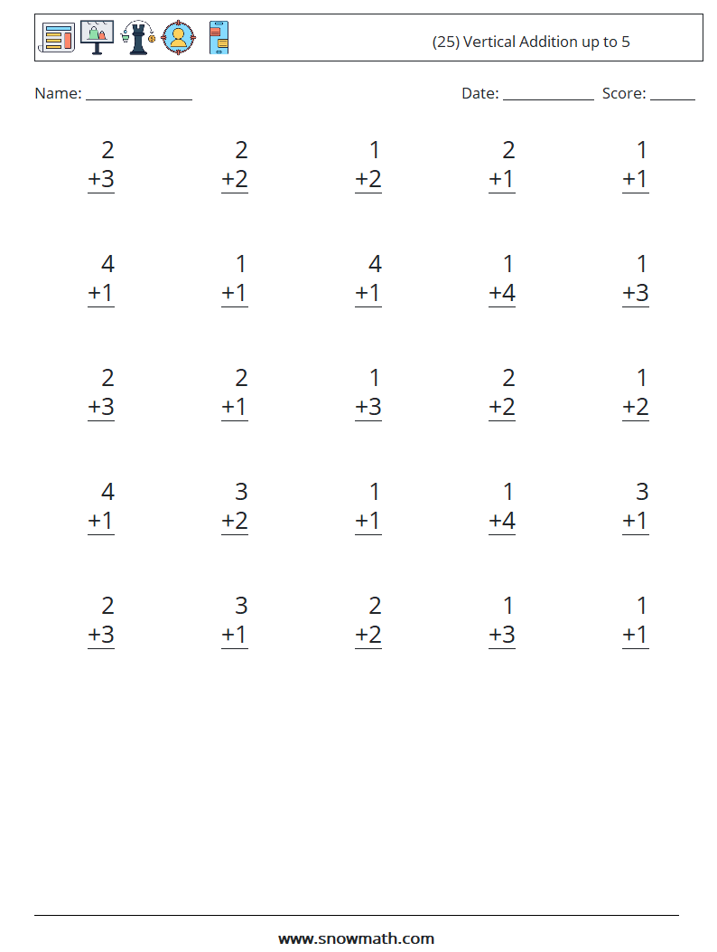 (25) Vertical Addition up to 5 Math Worksheets 5