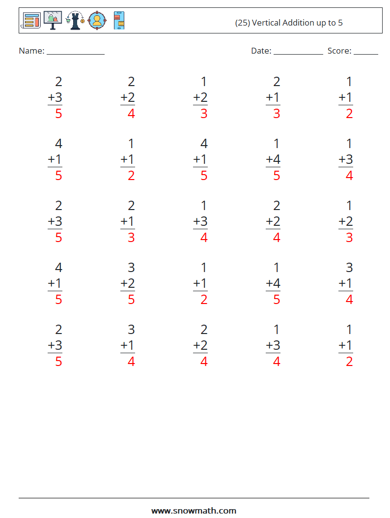 (25) Vertical Addition up to 5 Math Worksheets 5 Question, Answer