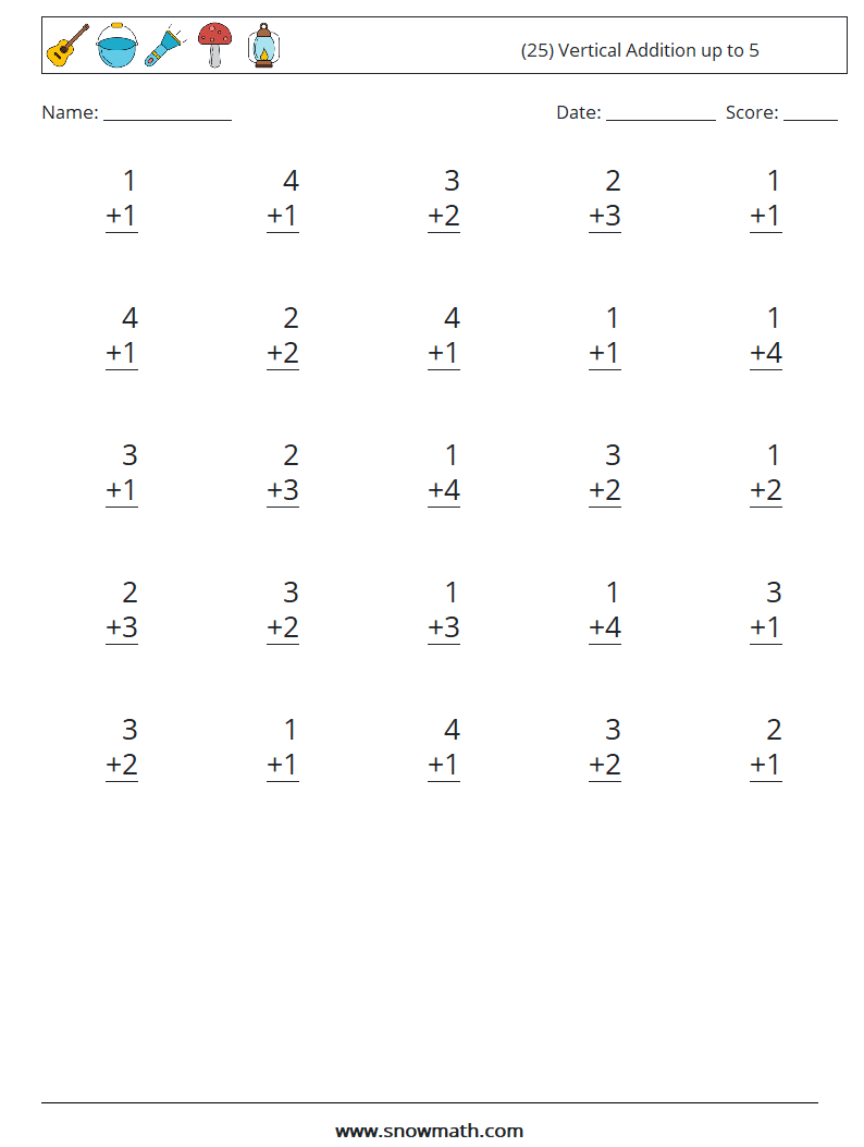 (25) Vertical Addition up to 5 Math Worksheets 6