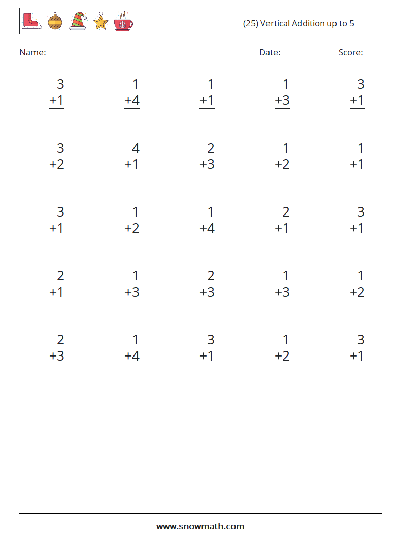 (25) Vertical Addition up to 5 Math Worksheets 8