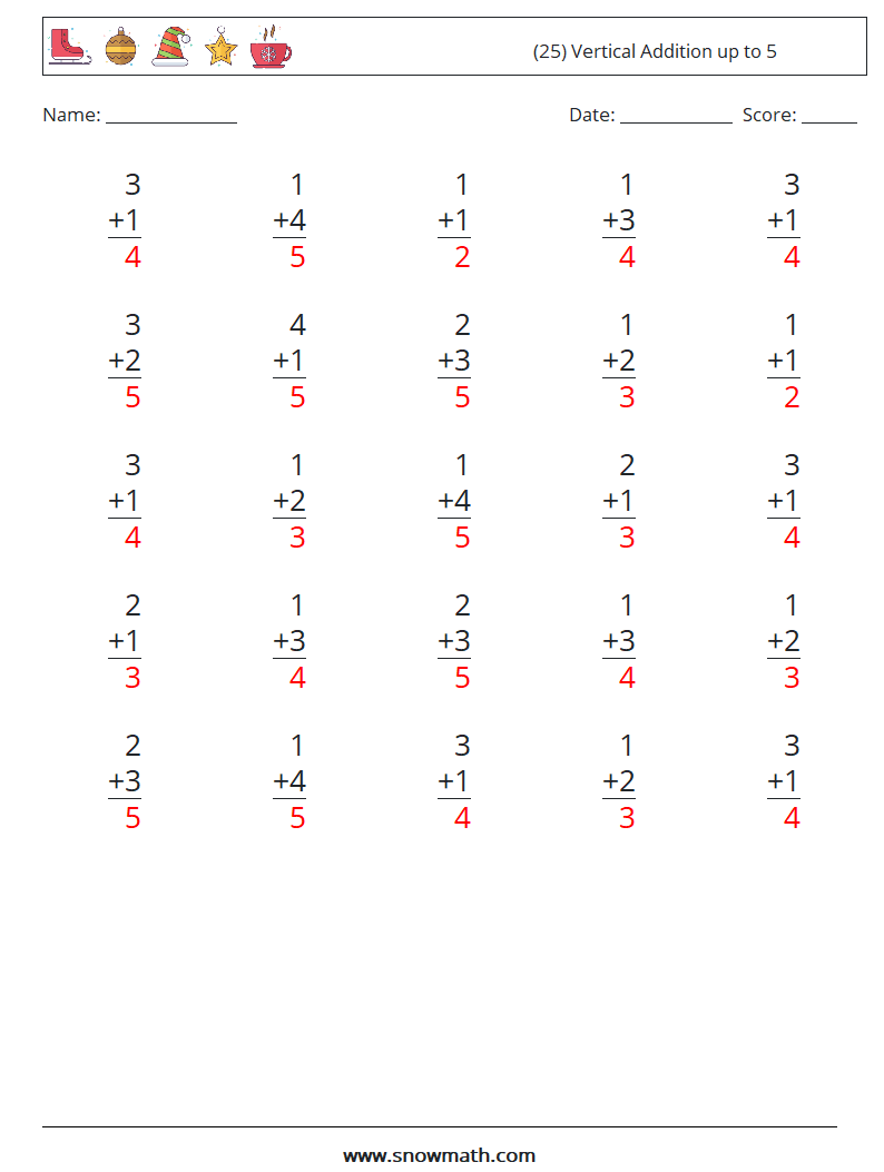 (25) Vertical Addition up to 5 Math Worksheets 8 Question, Answer