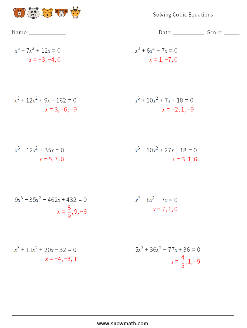 Solving Cubic Equations Math Worksheets 1 Question, Answer