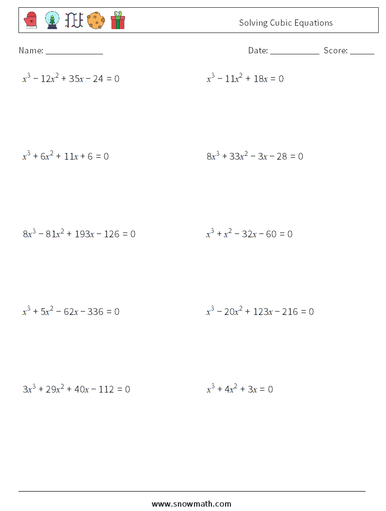 Solving Cubic Equations Math Worksheets 2