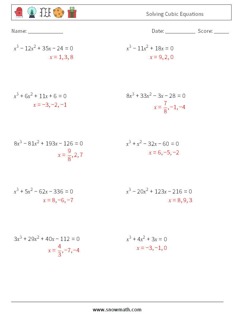 Solving Cubic Equations Math Worksheets 2 Question, Answer